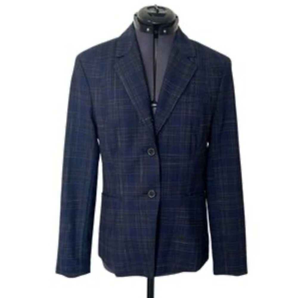 MM‎ Lafleur Blazer Womens Navy Plaid Two Button Jacket Size 0